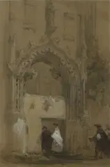 David Roberts, Gate of the Monastery of the Carmelites, Burgos, Spain, pencil and brown washes heightened with white