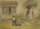 George Goodwin Kilburne, Two girls in a garden, watercolour
