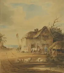 James Baynes, A farmhouse with animals by a pond, watercolour