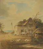 James Baynes, A farmhouse with animals by a pond, watercolour