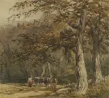 David Cox, A wooded landscape with figures and cattle, a view of Bolsover Castle beyond, watercolour and pencil