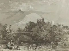 David Cox, Figures on the banks of a river with mountains beyond, pen and ink and grey and brown wash heightened with white