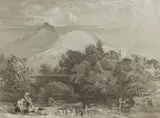 David Cox, Figures on the banks of a river with mountains beyond, pen and ink and grey and brown wash heightened with white