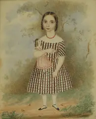 J... M..., Portrait of a child in a checked dress, pen and ink and watercolour