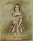 J... M..., Portrait of a child in a checked dress, pen and ink and watercolour