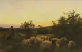 Henry William Banks Davis, A shepherd tending his flock at sunset, oil on canvas