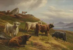 Highland cattle in a mountain landscape, with a distant loch by Charles Jones, oil on panel, sold May 2026