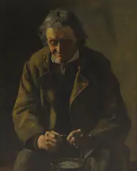 Luigi da Costa, Portrait of a man, half-length seated, in a brown coat and holding a pail, oil on canvas