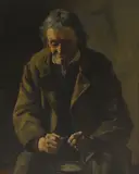 Luigi da Costa, Portrait of a man, half-length seated, in a brown coat and holding a pail, oil on canvas