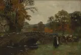 Yeend King, A wooded landscape with a girl and a cow by a bridge