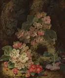 Oliver Clare, Still life of primulas and a bird's nest on a mossy bank, oil on canvas