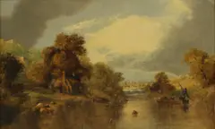 Alfred Priest, A wooded river landscape with figures in a boat, oil on canvas