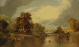 Alfred Priest, A wooded river landscape with figures in a boat, oil on canvas