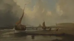 George Dodgson Callow, A coastal scene with boats coming to shore, oil on canvas
