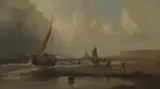 George Dodgson Callow, A coastal scene with boats coming to shore, oil on canvas