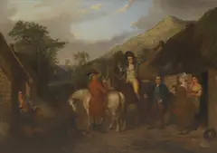 William Stewart Watson, Robert Burns on horseback and the fiddler Niel Gow taking refreshment outside a cottage, oil on canvas