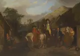 William Stewart Watson, Robert Burns on horseback and the fiddler Niel Gow taking refreshment outside a cottage, oil on canvas