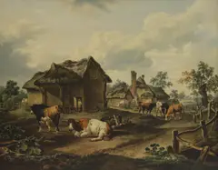Charles Towne, A farmyard scene with cattle and a donkey, oil on canvas
