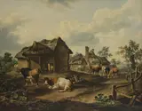 Charles Towne, A farmyard scene with cattle and a donkey, oil on canvas