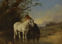 James Hardy Jnr, A Quiet Rest' - a boy watering ponies in a stream, oil on canvas
