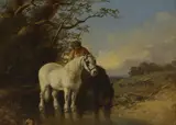 James Hardy Jnr, A Quiet Rest' - a boy watering ponies in a stream, oil on canvas