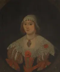 Gilbert Jackson, Portrait of Elizabeth Townsend of Cound, half-length, in a red dress with lace shawl and cap, oil on canvas