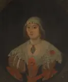 Gilbert Jackson, Portrait of Elizabeth Townsend of Cound, half-length, in a red dress with lace shawl and cap, oil on canvas
