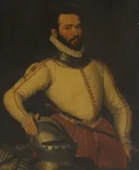Gillis Claeissens, Portrait of a gentleman, half-length, in a gorget with his hand on a helmet, formerly identified as Sir Philip Sidney, oil on panel