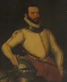 Gillis Claeissens, Portrait of a gentleman, half-length, in a gorget with his hand on a helmet, formerly identified as Sir Philip Sidney, oil on panel