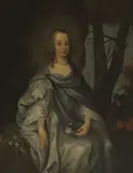 Robert Walker, Portrait of Philadelphia Pelham, later Lady Howard of Effingham, three-quarter-length seated, in a flowing grey dress with blue wrap and holding a floral wreath, oil on canvas