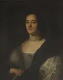 Gerard 'Gerrit' van Honthorst, Portrait of Lady Margaret Pelham, half-length, in a grey dress with dark wrap and pearl necklace, holding a fan, oil on canvas