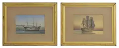 William Frederick Mitchell, Two paintings of a first-rate frigate at dusk and a frigate at anchor, watercolour heightened with white