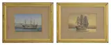 William Frederick Mitchell, Two paintings of a first-rate frigate at dusk and a frigate at anchor, watercolour heightened with white