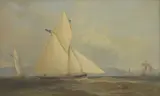 Arthur Wellington Fowles, The Earl of Lanesborough's racing cutter off the coast, probably the Isle of Wight, oil on canvas together with a photograph of the ship's crew