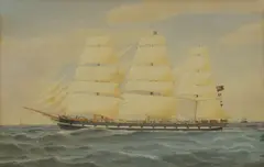 Harold Percival, The New Zealand Shipping Co. 'Turakina' passing a lighthouse, watercolour heightened with white