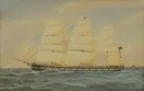 Harold Percival, The New Zealand Shipping Co. 'Turakina' passing a lighthouse, watercolour heightened with white
