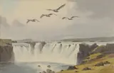 John Cyril Harrison, Godafoss, Iceland and Whooper swans, watercolour over pencil