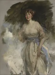 Portrait of Lady Grace Dance, three-quarter-length, in a white dress and blue sash by James Jebusa Shannon, oil on canvas, sold May 2026