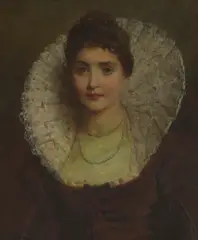 George Elgar Hicks, Portrait of a young lady, bust-length, in a red dress with a lace collar and wearing a pearl necklace, oil on canvas
