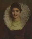 George Elgar Hicks, Portrait of a young lady, bust-length, in a red dress with a lace collar and wearing a pearl necklace, oil on canvas