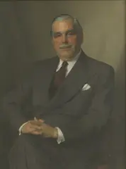 Herbert James Gunn, Portrait of a man, half-length seated, in a grey pinstripe suit and maroon tie, oil on canvas