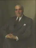 Herbert James Gunn, Portrait of a man, half-length seated, in a grey pinstripe suit and maroon tie, oil on canvas