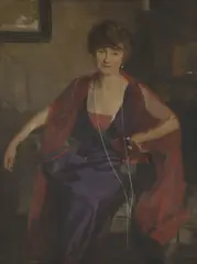 Harrington Mann, Portrait of Baroness Emily Alberta (Emilie) Harmsworth, née Maffett, wife of Cecil Bisshopp Harmsworth, three-quarter-length seated, in a purple dress and pink wrap, oil on canvas