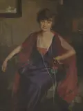 Harrington Mann, Portrait of Baroness Emily Alberta (Emilie) Harmsworth, née Maffett, wife of Cecil Bisshopp Harmsworth, three-quarter-length seated, in a purple dress and pink wrap, oil on canvas