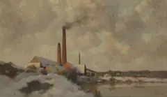 Alexandre Jacob, A riverside factory in winter, circa 1955, oil on canvas laid on board