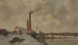 Alexandre Jacob, A riverside factory in winter, circa 1955, oil on canvas laid on board