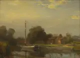 William Miller Frazer, A river landscape with a sailing barge and figures by a cottage, oil on canvas