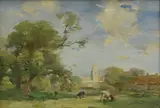 William Miller Frazer, A wooded landscape with cattle grazing near a village, oil on canvas laid on board