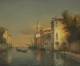 Hugo von Bouvard, A gondola on a Venetian canal at dusk, oil on canvas