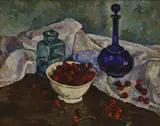 Igor Gumilevski, A still life of a bowl of cherries and a blue glass vase, oil on canvas
